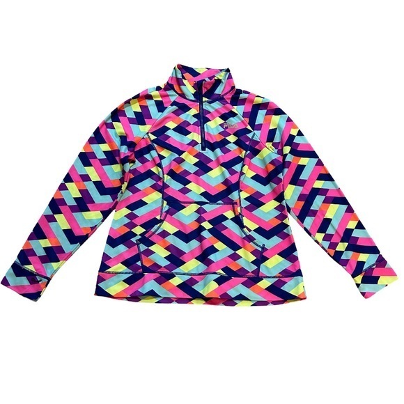 Fila Tops - Fila Colorful Geometric Pattern Athletic Activewear Sport Performance Pullover